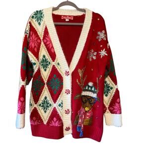 Ugly Christmas Cardigan Sweater - Reindeer Argyle Print Red Size Medium